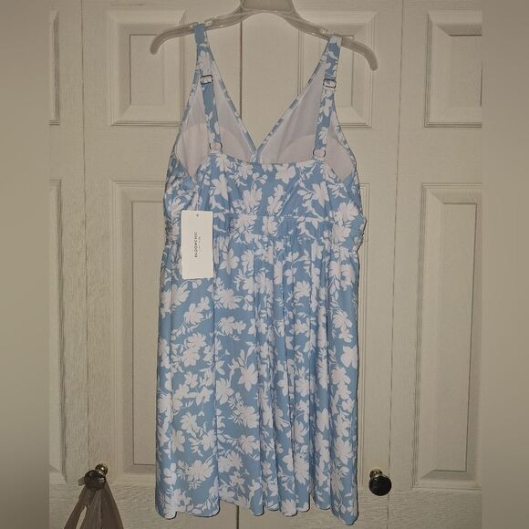 SOLD Bloomchic  Floral Print V Neck Ruffle Hem Ruched Detail Blue Swim Dress - Picture 5 of 10